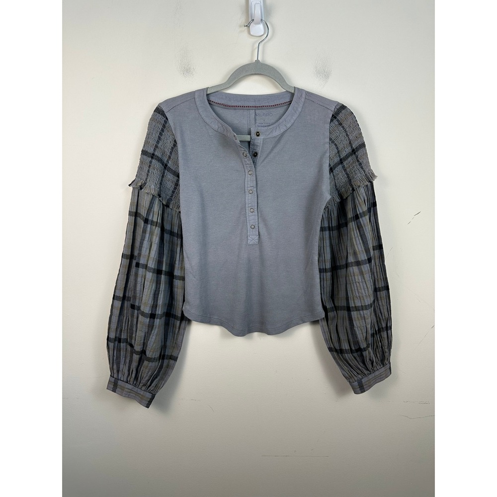 Pilcro Henley‎ Top Women Small Blue Grey Excellent Plaid Balloon Sleeve Smocked